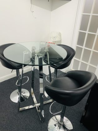 Glass posy table and stools for hire